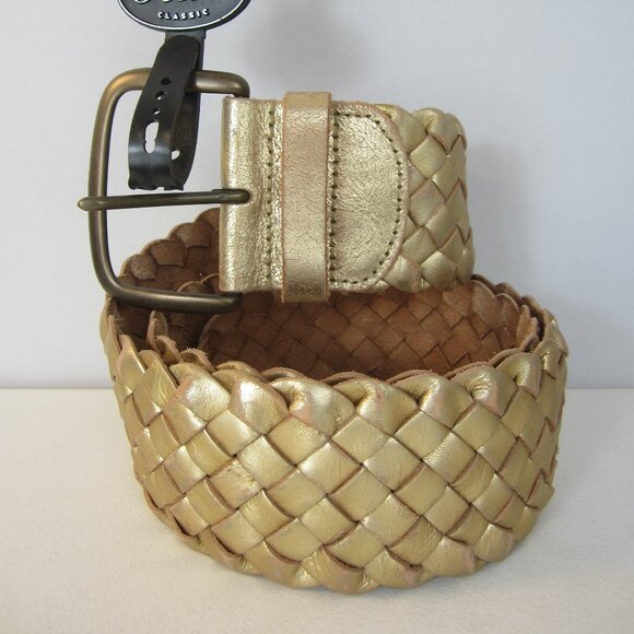 New Fossil Women Medium Gold Metallic Leather Woven Wide Belt Brass Buckle NWT main image 5